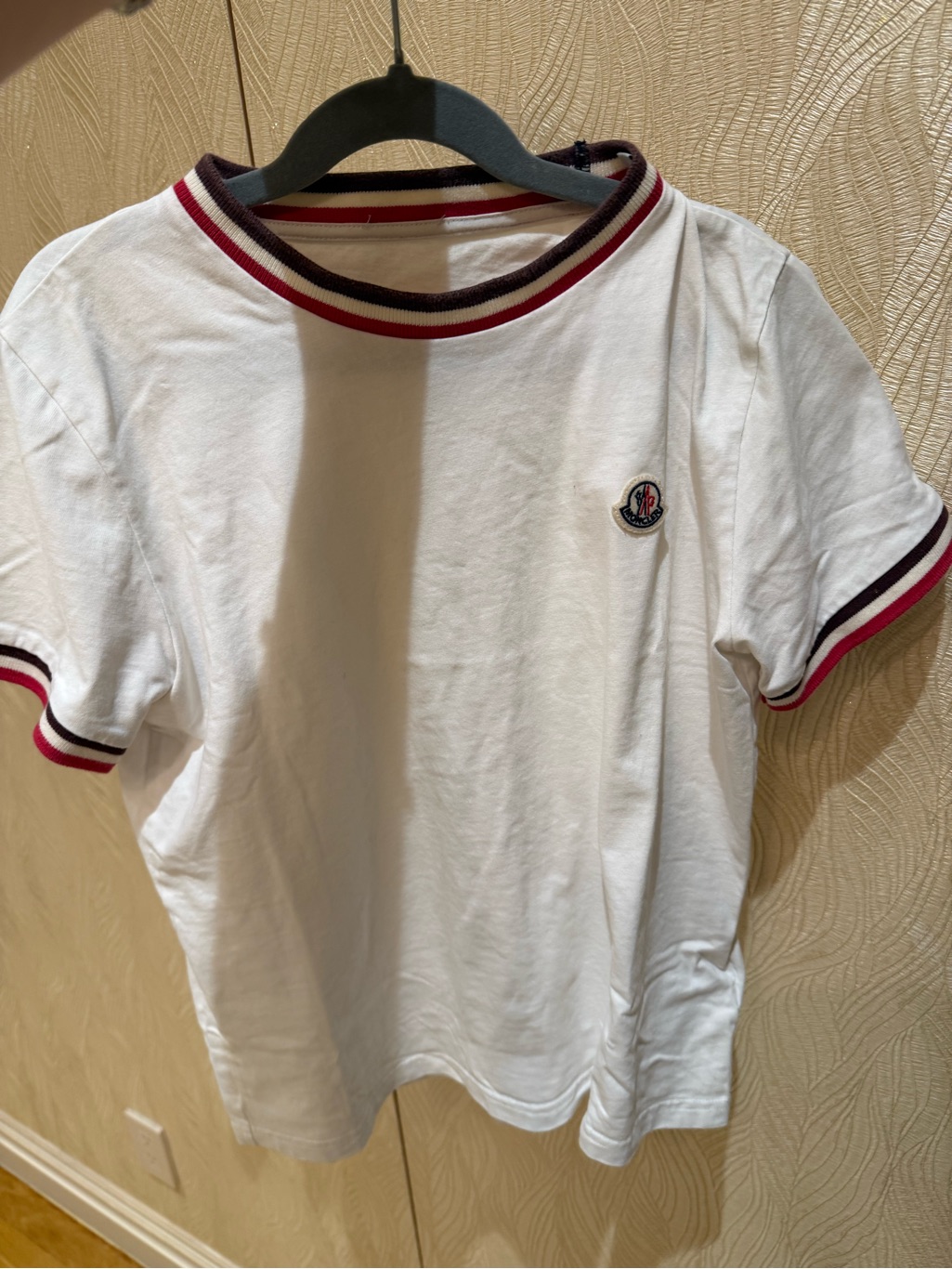 Moncler White Short Sleeve Tee With Red & Navy Trim